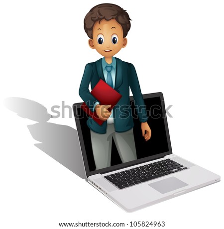 Business man coming out of a computer screen