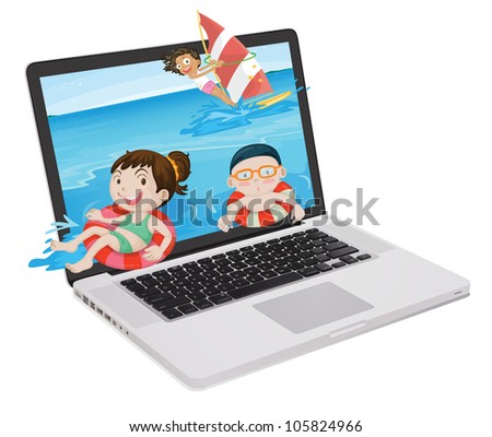Beach kids coming out of a computer screen