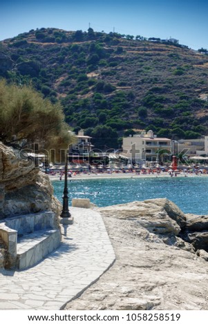 Scenic view of beach resort and hill, Heraklion, Greece