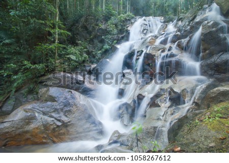 Beautiful waterfalls, silky water flow at slow shutter speed, long exposure photography, close up