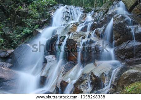 Beautiful waterfalls, silky water flow at slow shutter speed, long exposure photography, close up, landscape