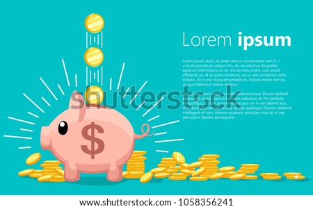 Pink coin box. Piggy bank with falling gold coins. The concept of saving or save money or open a bank deposit. Vector illustration with place for your text on turquoise background. Royalty-Free Stock Photo #1058356241