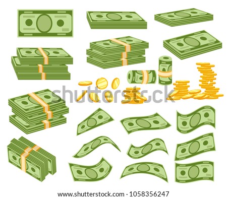 Set a various kind of money. Packing in bundles of bank notes, bills fly, gold coins. Vector illustration isolated on white background. Web site page and mobile app design.