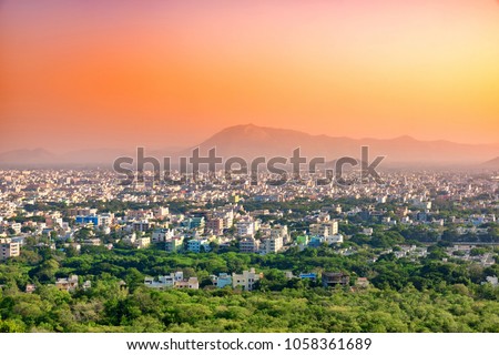 Aerial view of Tirupati city in South India, Andhra Pradesh. India. Royalty-Free Stock Photo #1058361689