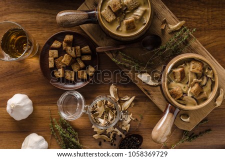 Rustic mushrooms soup, czech forest mushrooms, fresh collect in woods