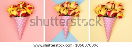 banner bouquets of roses in a paper horn with hearts on a blue pink and yellow background. a gift for St. Valentine's Day. gift for International Women's Day