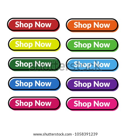 Set of 9 isolated web buttons with rounded corners, colorful and text Shop Now