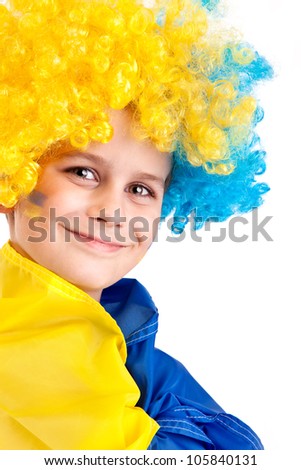 Football fan with a blue and yellow Ukrainian flag painted on his face on white background