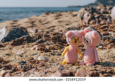 
Two bears on the beach. Couple posing outdoors. love, friendship, travel concept.