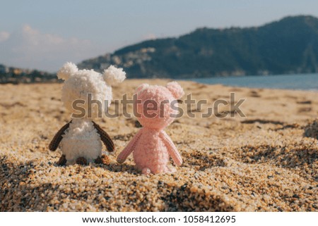 
couple is posing with his back to camera. Two bears on beach. Couple posing outdoors. love, friendship, travel concept.