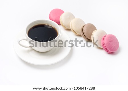 Cup of Black Coffee and Colorful Macaron on White Background Top View Flat Lay Style Sweet Macaroons