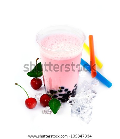 Cherry Boba Bubble Tea with fruits and crushed ice.
