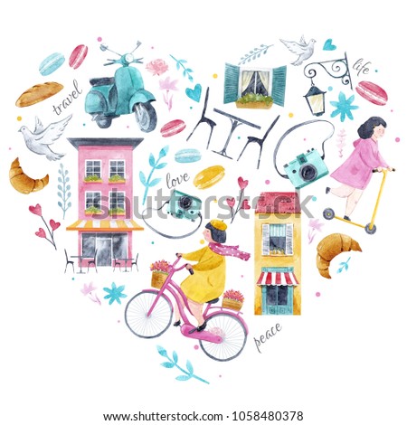 Watercolor cute illustration of a heart, Fashionable pink print, girl on a bicycle, cute home cafe, girl on scooter, camera, travel and love