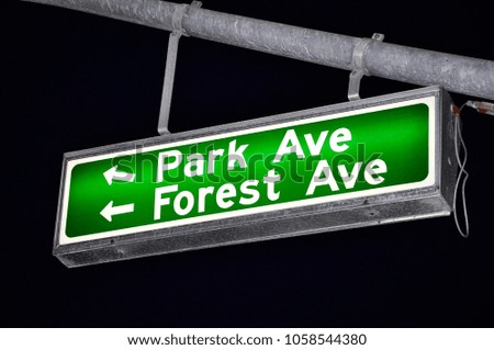 Signs of Park Avenue and Forest Avenue hanging in metal pole 