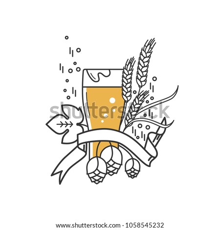 Beer glass, hops and wheat. Linear icon. Sign, symbol, emblem, label, logo for brewery, beer restaurant, pub, bar, menu, website. Vector illustration.
