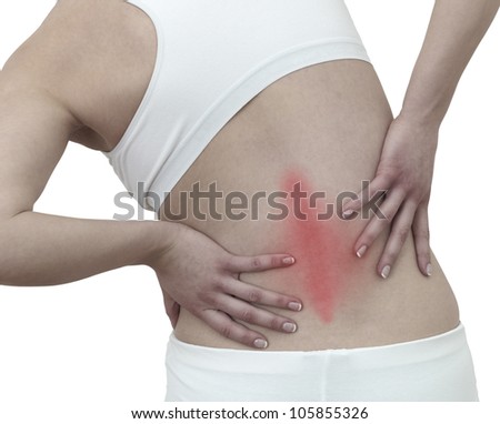 Acute pain in a woman back. Concept photo with blue skin with read spot indicating pain. Isolation on a white background