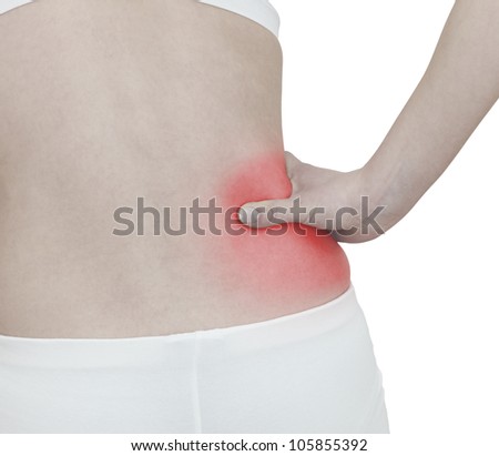Acute pain in a woman abdomen. Female holding hand to spot of Abdomen-ache. Concept photo with Color Enhanced blue skin with read spot indicating location of the pain. Isolation on a white background