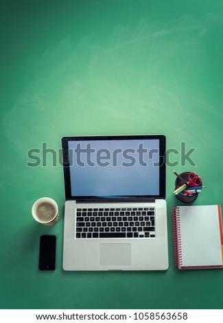 Work table space with laptop computer , flat lay