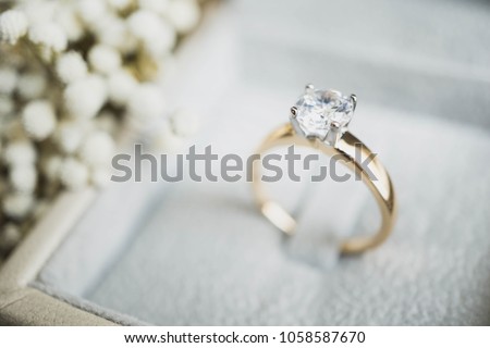 Close up of elegant diamond ring in the box with white flower background. soft and selective focus.love and wedding concept. Royalty-Free Stock Photo #1058587670