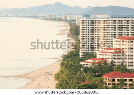 Hua Hin Beach from aerial view in summer season. modern city and mountain background. Top tourist attractions in Thailand.