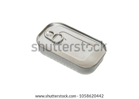 Tin can with seafood on a white background