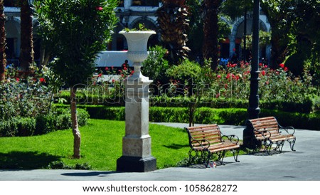 park benches, plaza de armas, arequipa, Peru.