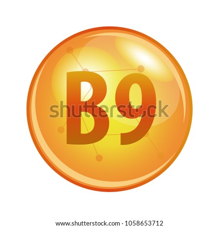 Vitamin B9 capsule. Vector icon for health. Gold shining pill. Royalty-Free Stock Photo #1058653712