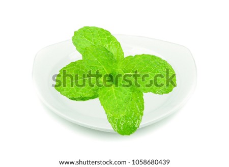 Mint leaves in white plate on white background