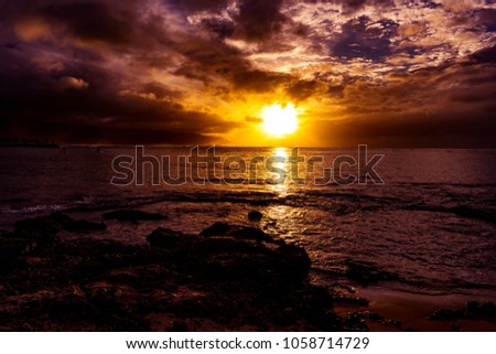 Beautiful sunset at Haleiwa beach Park, Northshore of Oahu Island, Hawaii, USA