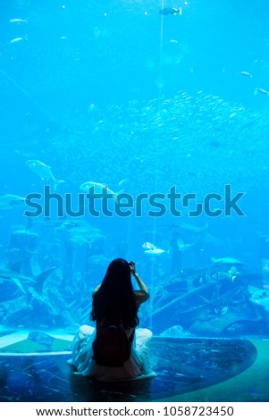 Woman taking picture in large aquarium in Dubai