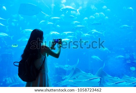 Woman taking picture in large aquarium in Dubai