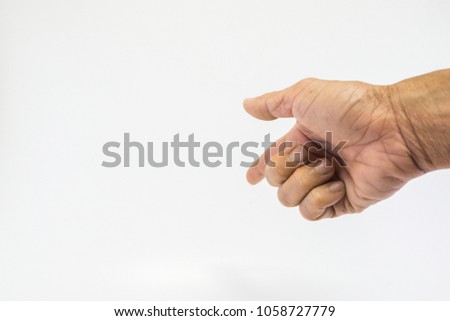 Human hand, old man, rough skin, and wrinkles show the index finger on a white background with empty space.