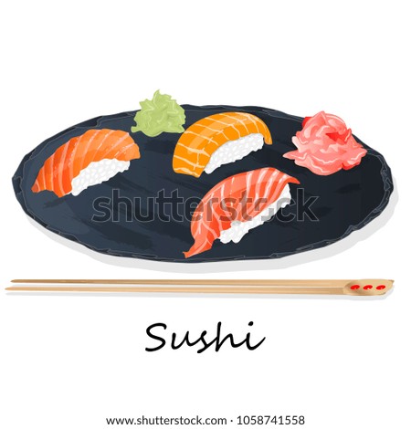 Illustration of roll sushi with salmon, prawn, avocado, cream cheese. Sushi menu. Japanese food isolated on white.