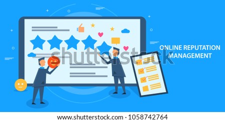 Online reputation management - Business reputation - Flat design vector banner with characters and icons Royalty-Free Stock Photo #1058742764