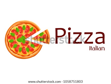 Pizza with slice. Margherita pizza with tomato, cheese, and oregano. Poster for design, restaurant, cafe, pizzeria. Vector illustration isolated with place for your text on white background.