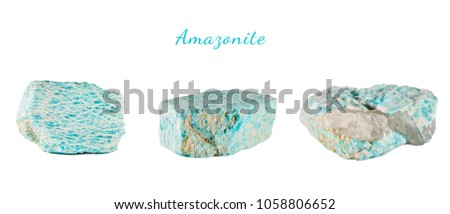 Macro shooting of natural gemstone. Raw mineral amazonite. Isolated object on a white background.