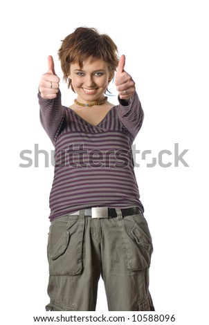 Emo teen smiling girl on a white background