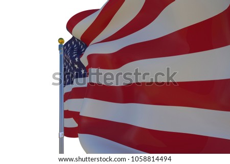 USA flag on flagpole with wind on white isolate