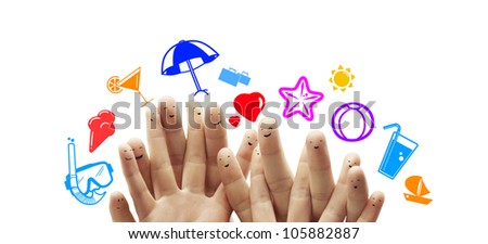 happy group finger smileys with vacation  sign