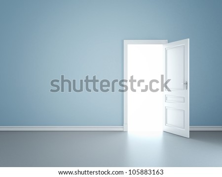 blue wall with opened door Royalty-Free Stock Photo #105883163