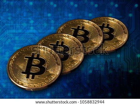 Replica of Bitcoins over blue electronic circuit illustration.
