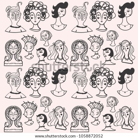 black and white seamless pattern with girls faces