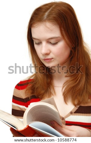 student girl reading a book on white background