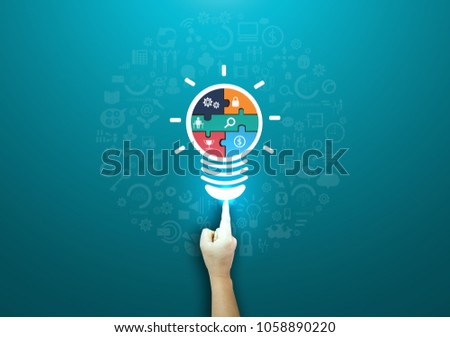 Hands pointing Light bulbs and Jigsaw,icon - modern Idea and Concept illustration Business.