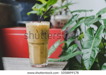 ice coffee indoor cafe with work concept.