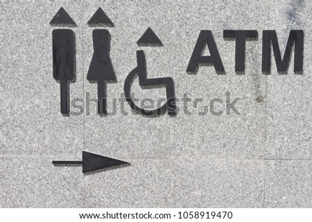 Restroom sign and ATM sign, detail of an information sign
