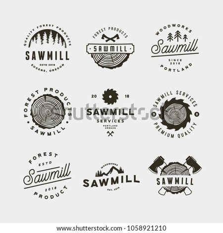 set of sawmill logos. retro styled woodwork emblems, badges, design elements, logotype templates. vector illustration Royalty-Free Stock Photo #1058921210