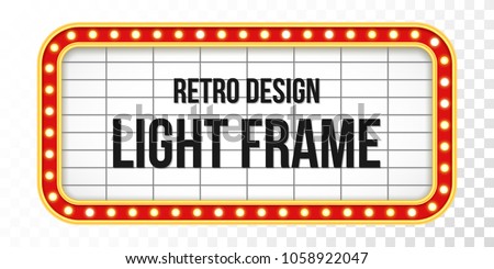 Light sign over transparent background. Retro banner with bulbs. Light banner, vintage billboard or bright signboard. Cinema or theater lightbox for ads. Illuminated marquee poster case or frame. Royalty-Free Stock Photo #1058922047