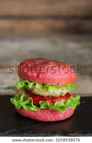 burgers pink (sandwiches) dough with beetroot juice. Beetroot buns burgers
