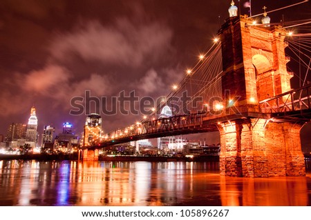 The Roebling Bridge in Cincinnati, Ohio during a cloudy night
